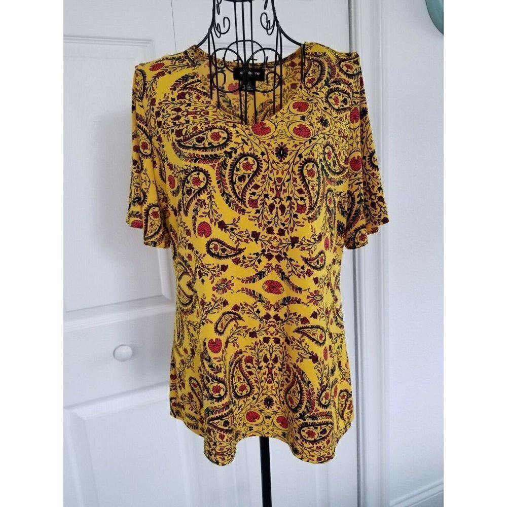 Liz Claiborne Top (S) Yellow Career Blouse Paisley V-Neck Flutter Sleeves Womens